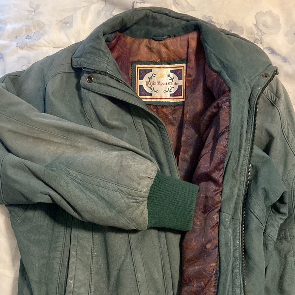 80s-90s Real leather Bomber Green Jacket Paisley Satin Lining (Full Zip) Size M